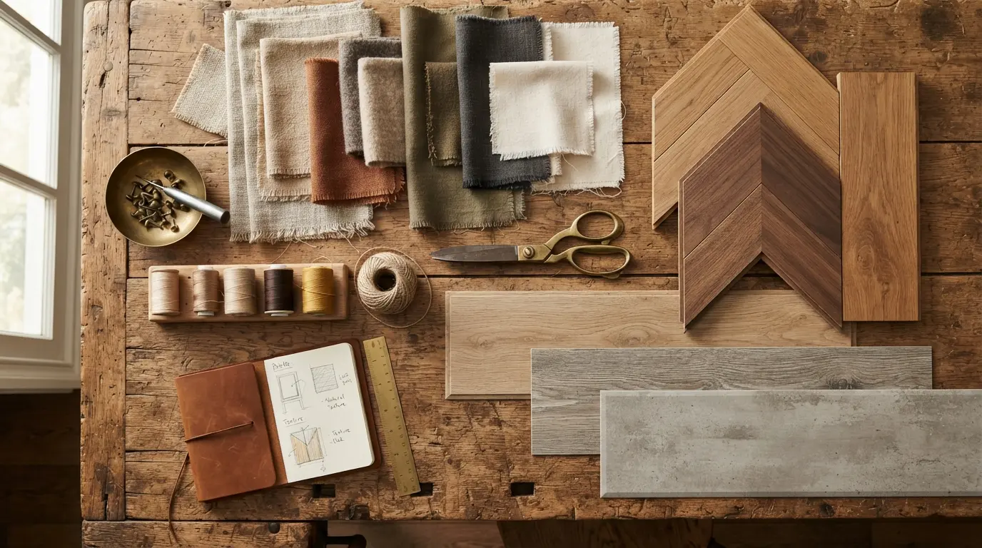 Materialmuster aus Stoff, Parkett und Designbelag auf einer Werkbank