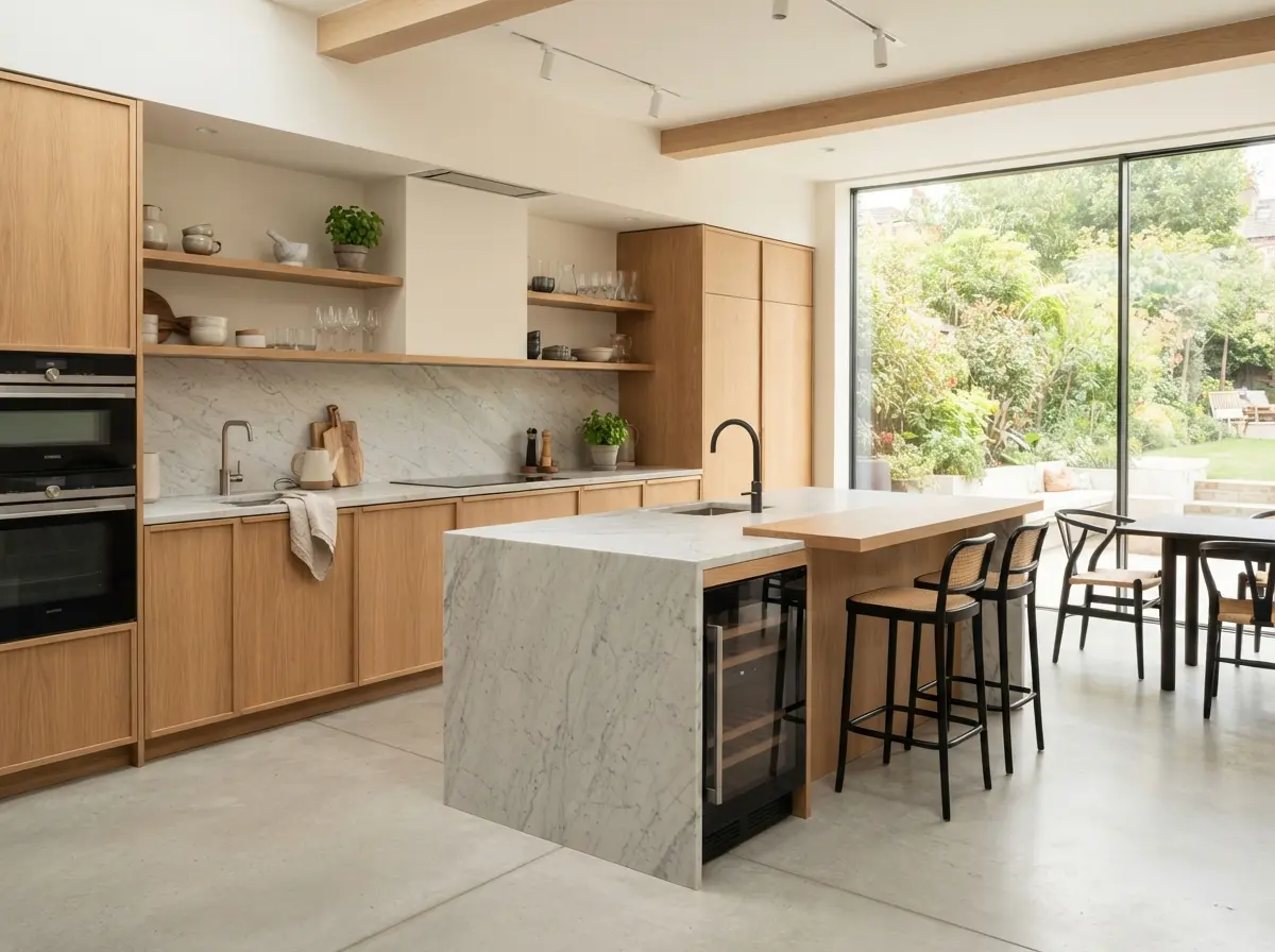 Moderne Einbauküche mit Holzfronten und Steinarbeitsplatte