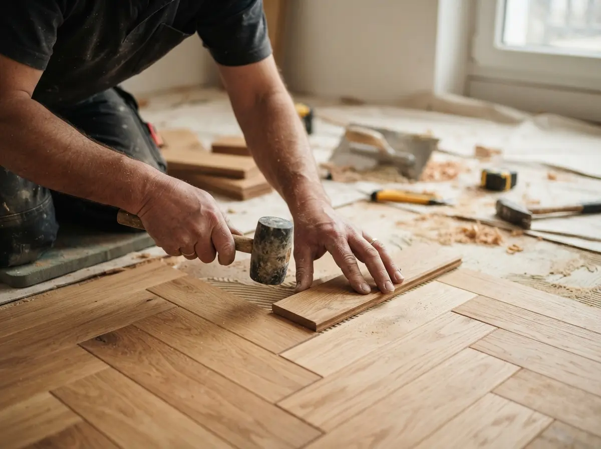 Handwerker verlegt Parkettboden