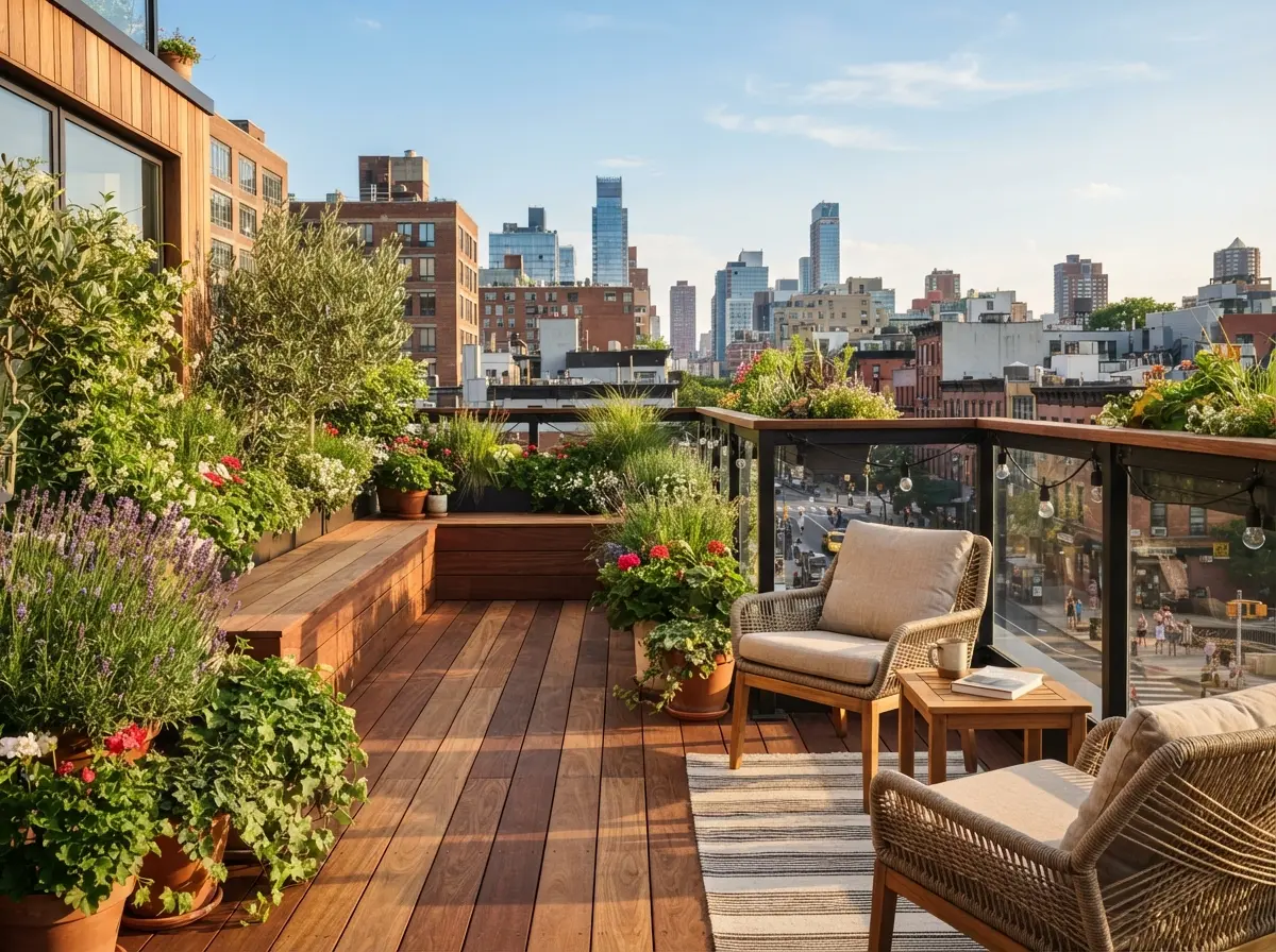 Balkon mit Holzterrassendielen und Geländer