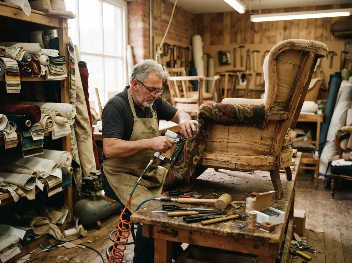 Polsterwerkstatt mit Vintage-Sessel und Stoffmustern